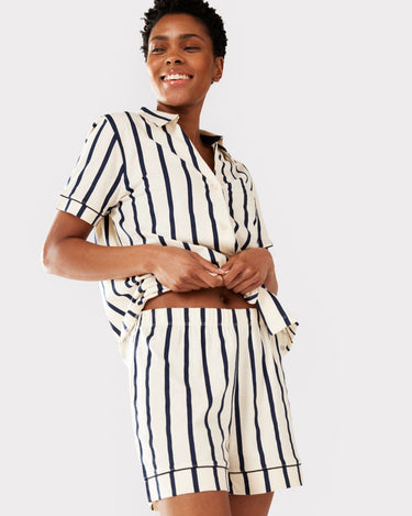 Navy/Cream Stripe Organic Cotton Button Up Short Pyjama Set